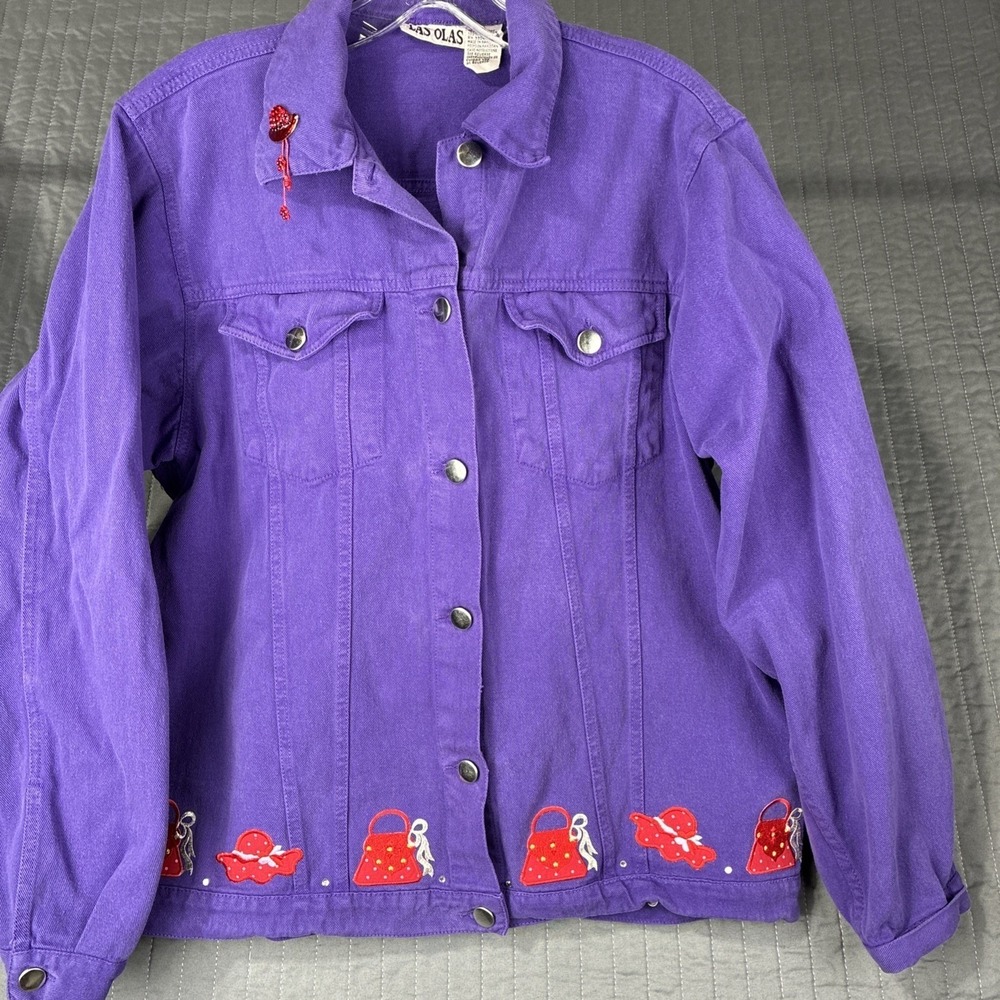 Las Olas Purple Denim Jacket Womens Large Red Hat Society Embroidered Applique